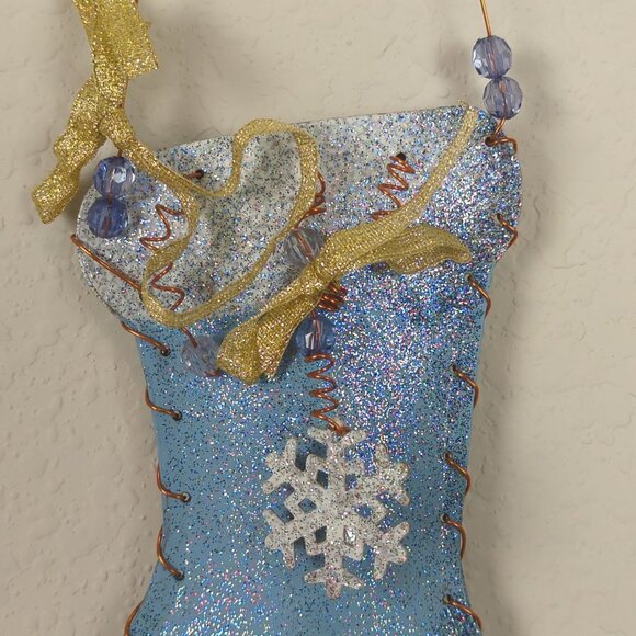 Handmade Blue White 2 Glitter Ornaments Christmas Stocking Metal 5.5" Snowflake - Picture 3 of 11